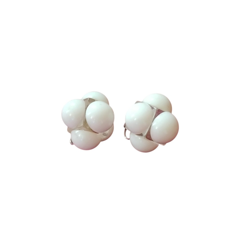 Vintage Milk White Bubble Cluster Clip On Earrings Clear Cube Geometric Studs